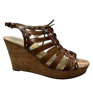 Guess brown leather gladiator lace up slingback cork platform wedges size:8M